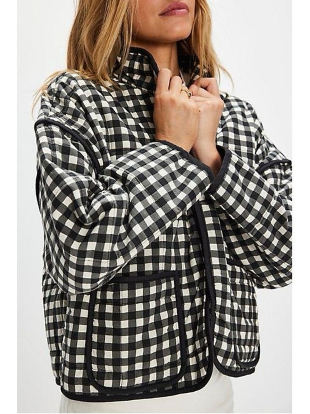 Free People Chloe Checked Quilted Jacket - Black & White